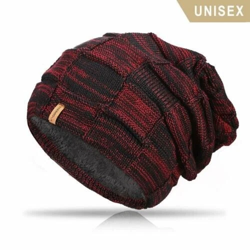 Beanie Hat Winter Knit Warm Lining Acrylic Stretchy Skull Cap Unisex Red+Black