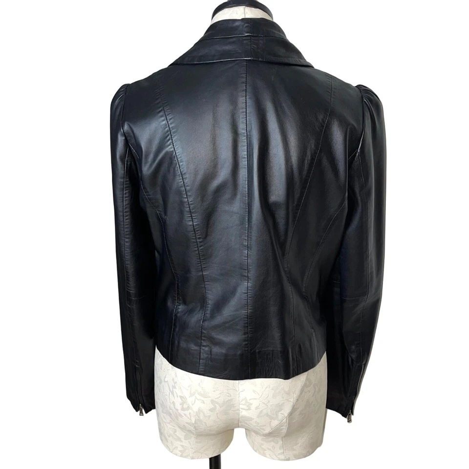 Chaqueta de moto de cuero Classiques Entier para mujer talla mediana negra cremallera a presión retro Foto 3 de 4