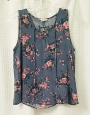 Blue & Pink Floral Print Sleeveless Blouse Size Medium EUC