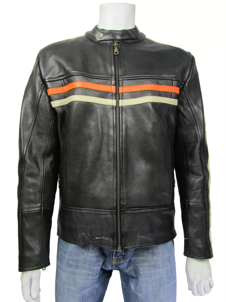 Osx New Men Black Soft Cowhide Biker Harley Leather Jacket Stripe Bike Rock