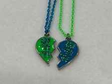 BEST FRIEND Heart Pendant 2 Necklaces Green  Teal Rhinestones BFF Color Chains