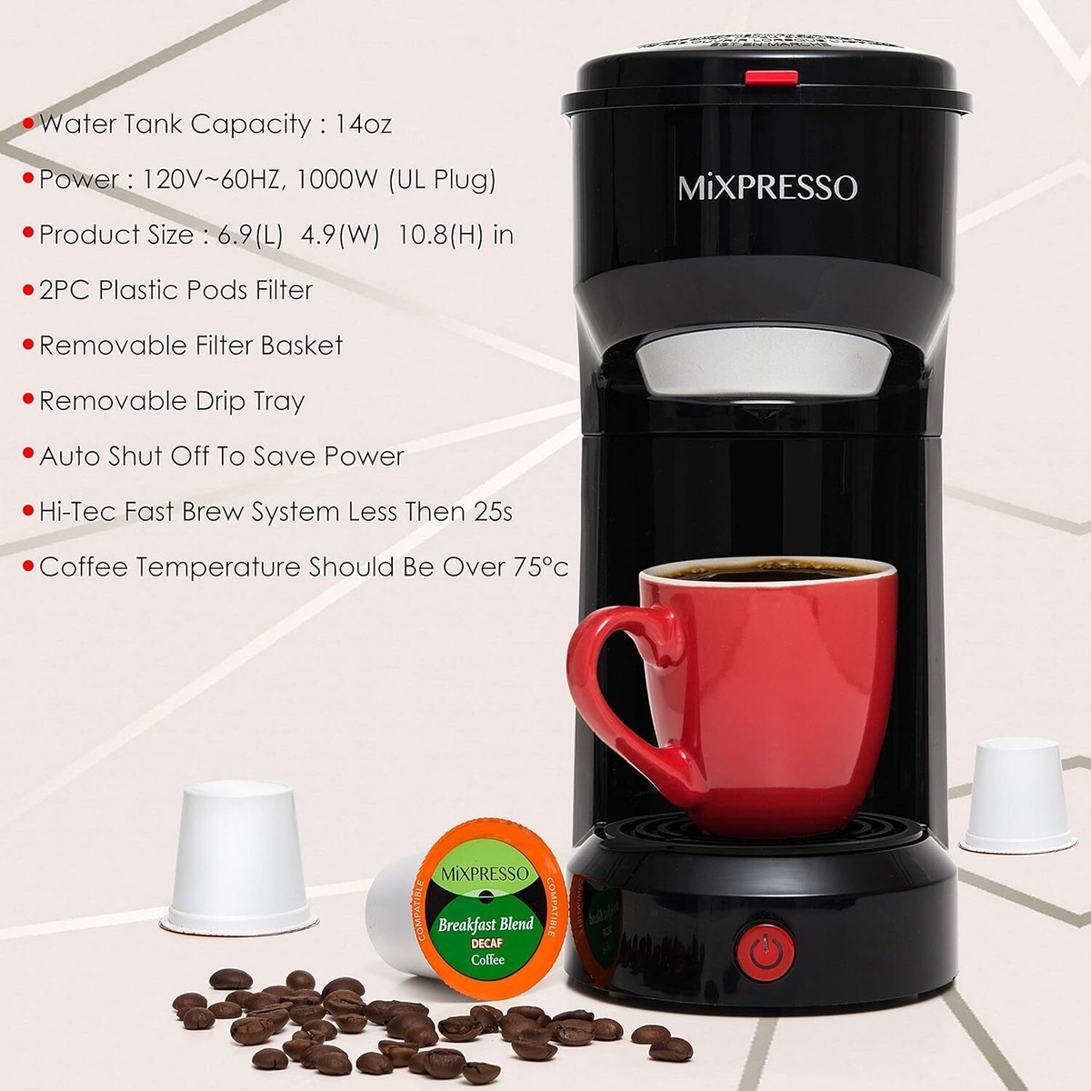 Mixpresso 2 in 1 Brewer - Single Serve & Ground Coffee, Compact