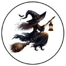 WITCH ON BROOM LANTERN HALLOWEEN ENVELOPE SEALS LABELS STICKERS PARTY FAVORS