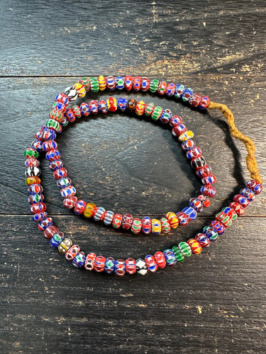 Vintage Nepal Chevron Glass Bead Necklace - 26" Multicolor Trade Beads