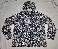 Patagonia Women's Windbreaker Hoodie Zip Jacket Sz XL Geometric Print Navy White