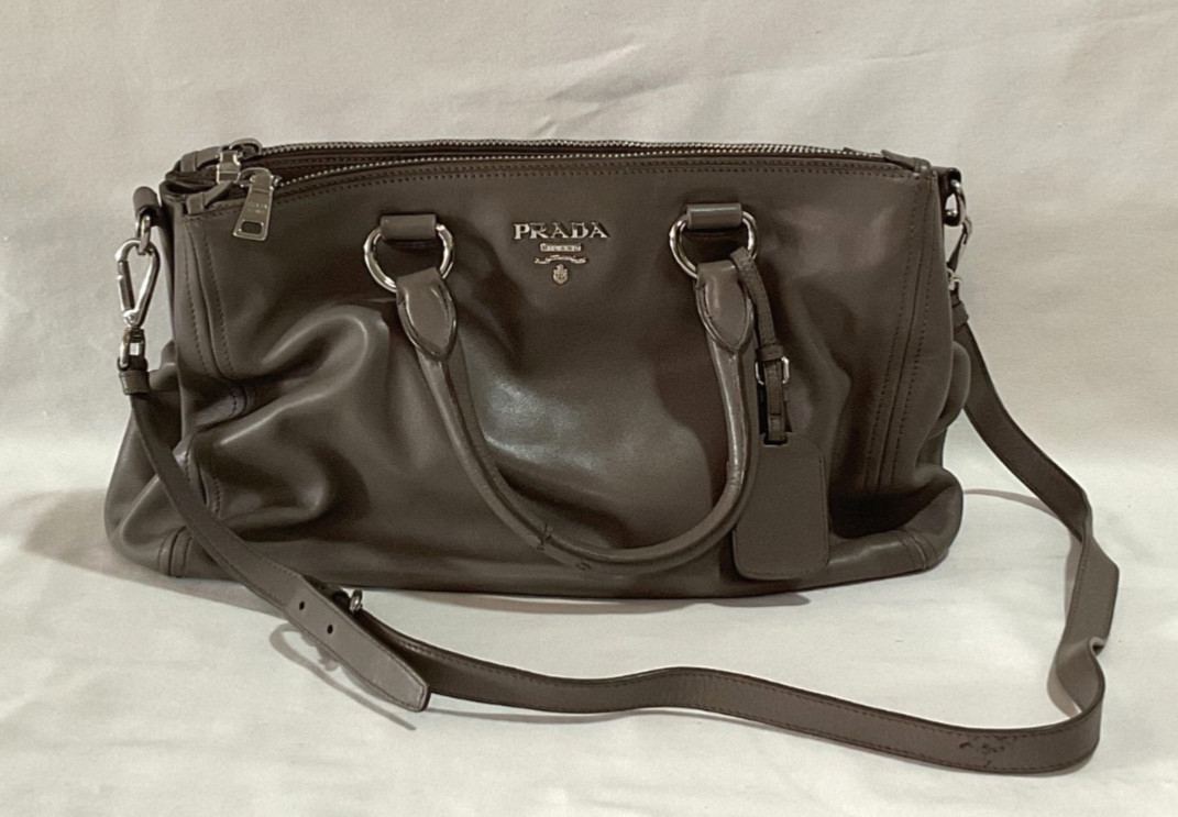 PRADA Soft Calf Double Zip Shoulder Bag in Argilla