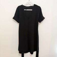 Zara V-Neck Tie Waist Black Dress Short Sleeve Knee Length Womens Small