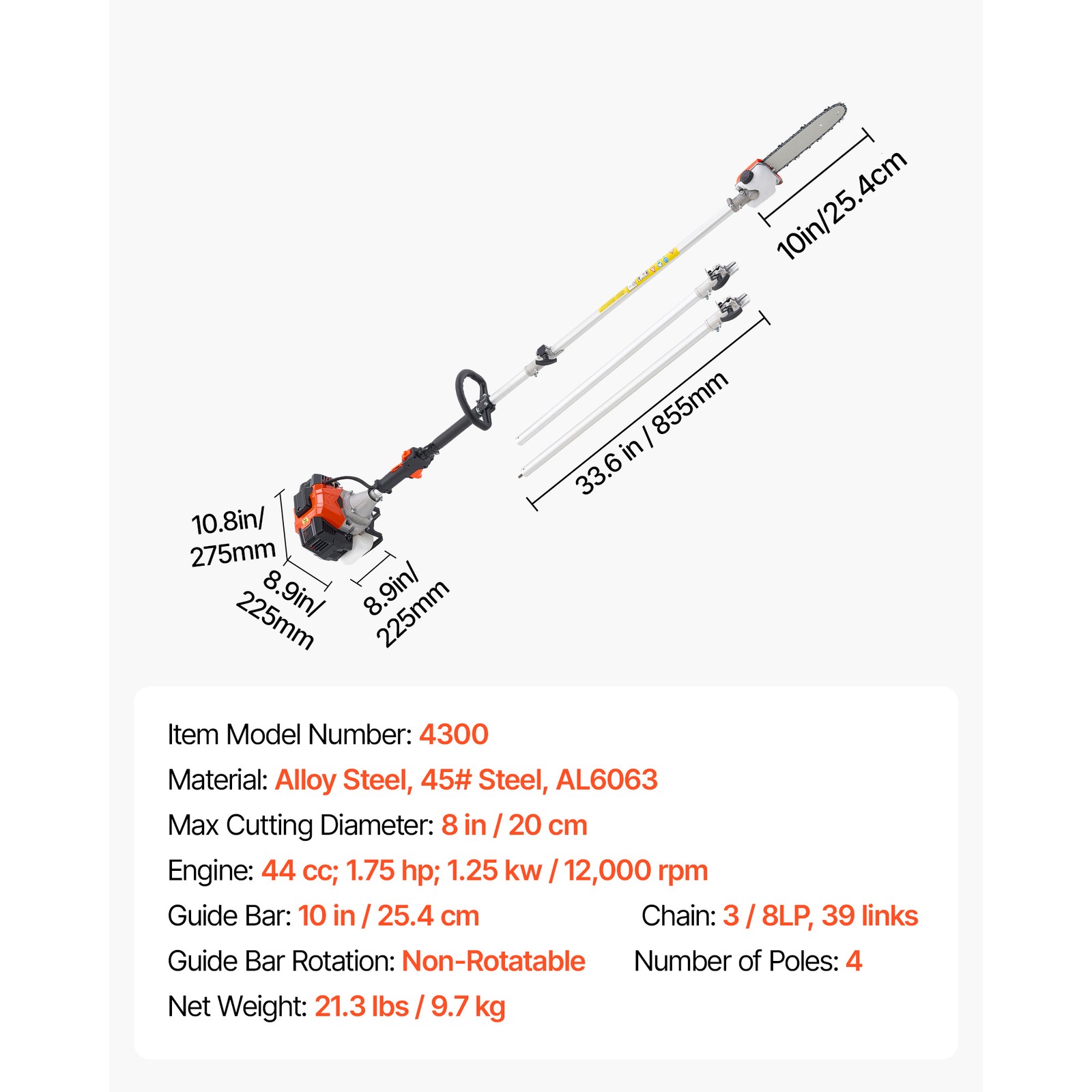 Gas Pole Saw 43CC 2-Stroke Extendable Cordless Tree Trimmer 10 in Cutting Bar