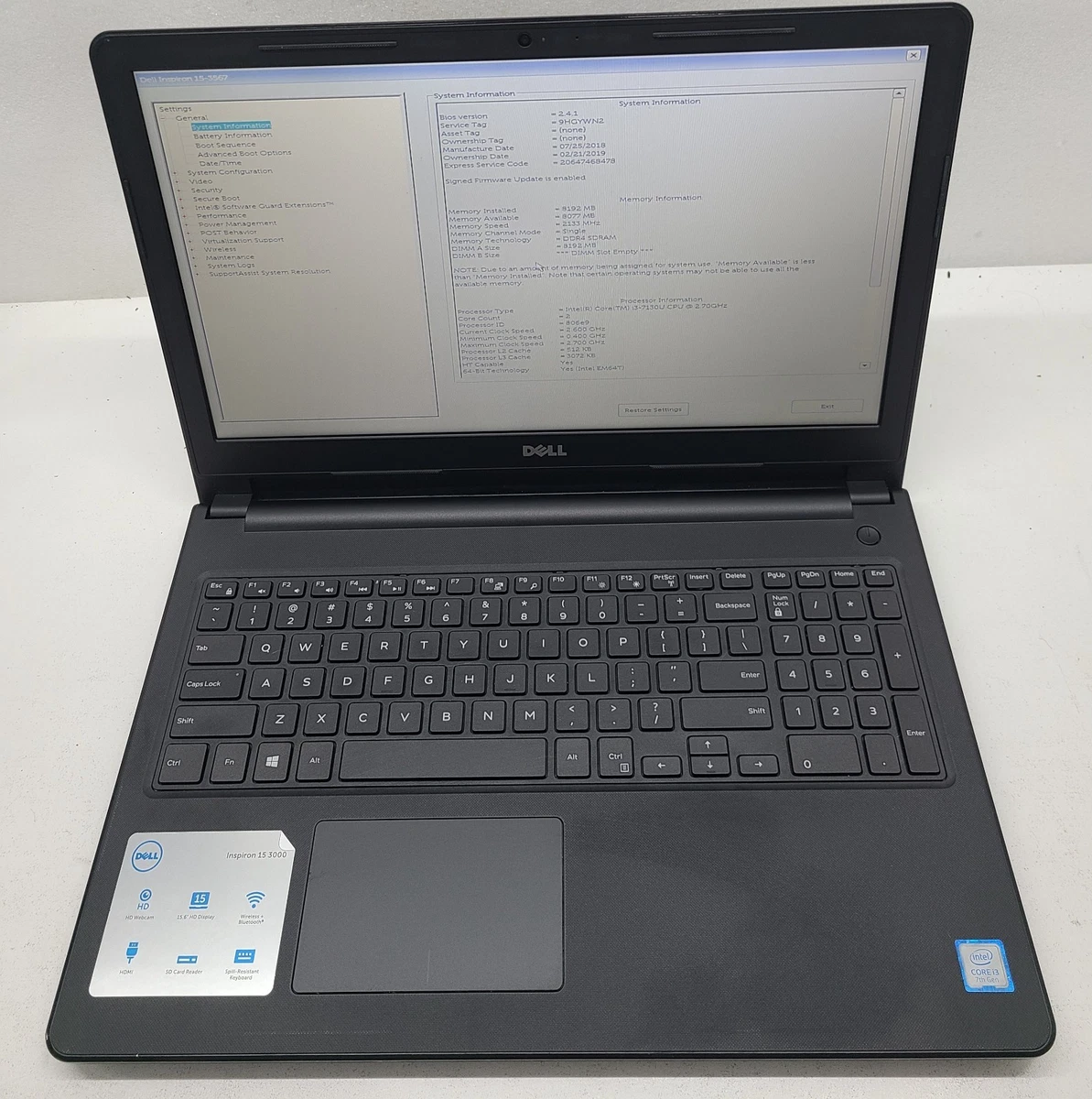 Dell Intel Core i3 7th Gen. 8 GB RAM PC Laptops & Netbooks for