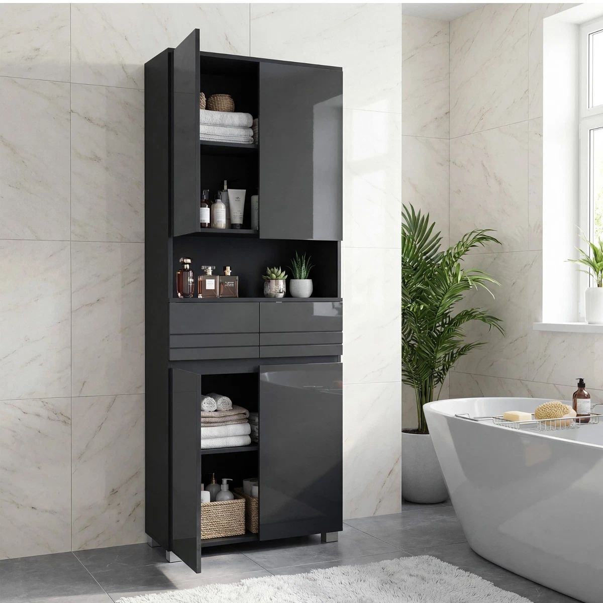 VASAGLE Hochschrank, verstellbaren Ablagen, Badschrank, offenes Fach