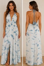 Boho Me Blue And White Tie Dye Cover-up Beach Backless Maxi Dress Size Small