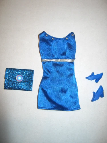 BARBIE FASHION CLOTHES ~ ROYAL BLUE SATIN w/SILVER OUTFIT w/ACCESSORIES SET
