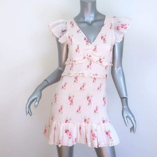 LoveShackFancy Sonora Smocked Mini Dress Light Pink Floral Print Size Large NEW