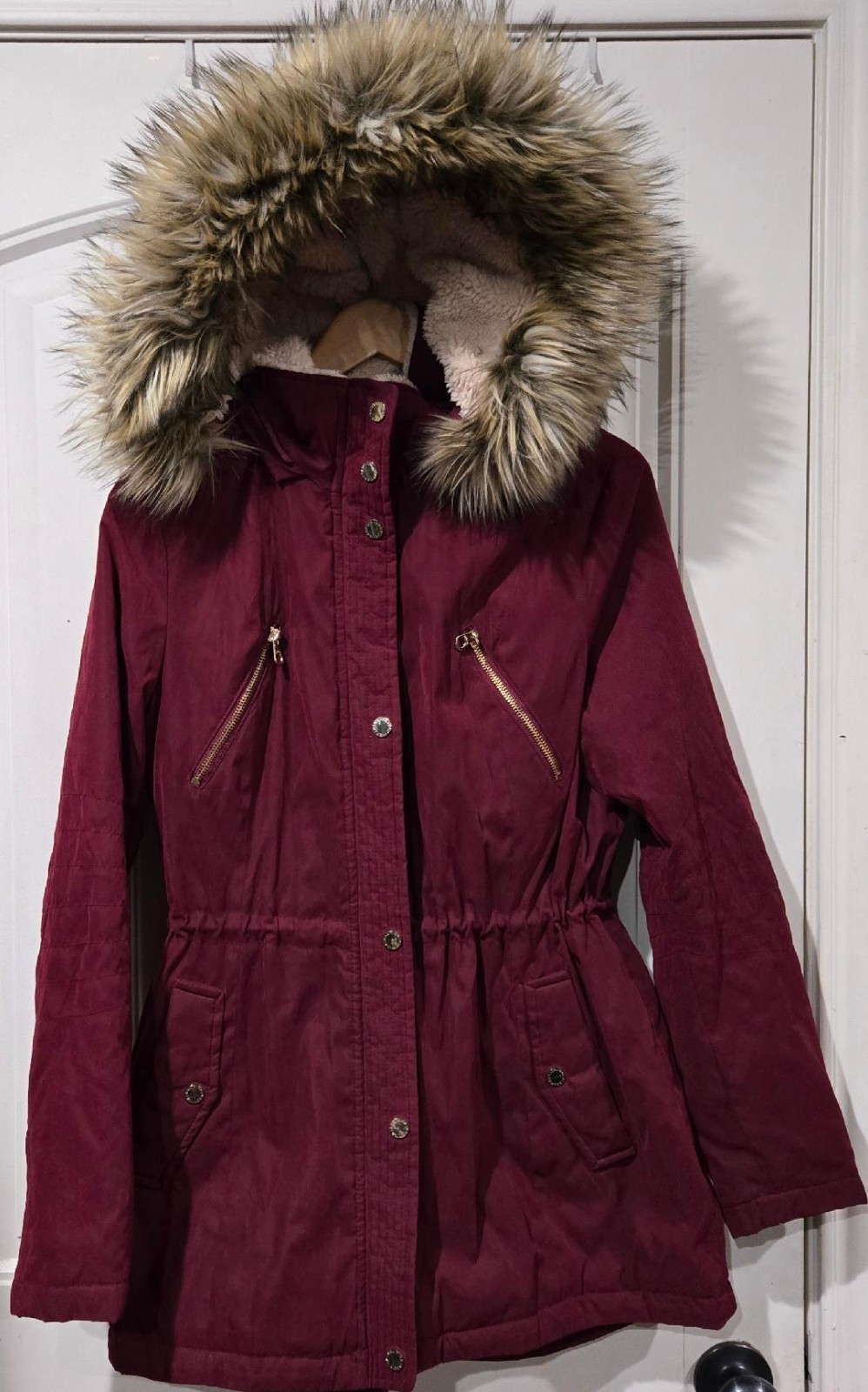 Nautica  Burgundy Wine Hooded Faux Fur Shearling Lining Coat Size MEDIUM-EUC