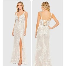 Mac Duggal Ivory Floral Applique Sleeveless Glitter Mermaid Size 10 $898