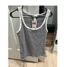 H M DUAL Women's Navy White Striped Ribbed Sleeveless Scoop Neck Tank Top L