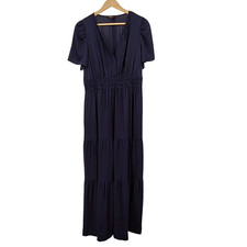 Quince Women Washable Stretch Silk Tiered Maxi Basic Sleeved Dress Blue M