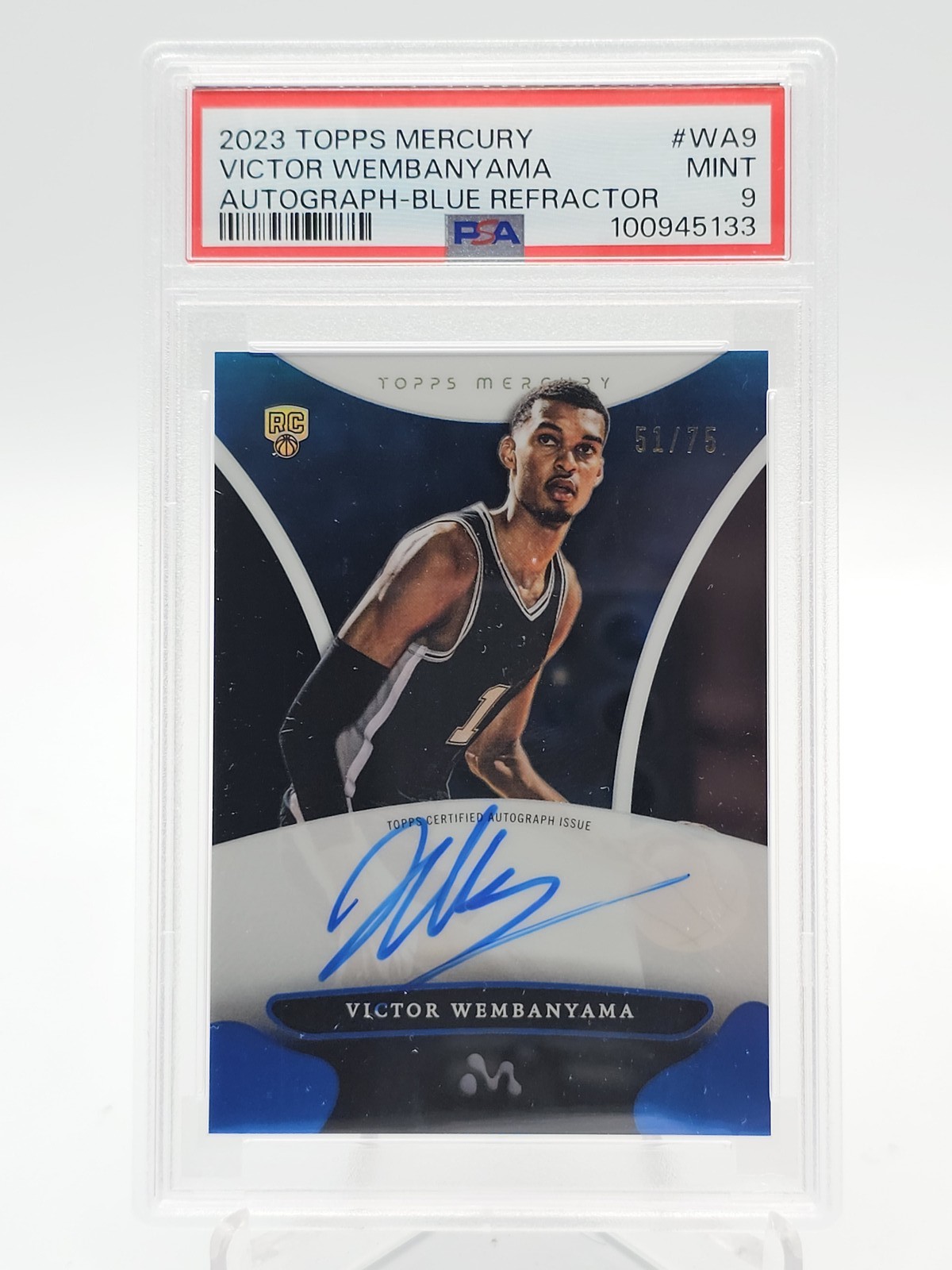 VICTOR WEMBANYAMA 2023-24 TOPPS MERCURY BLUE /75 REFRACTOR RC AUTO PSA 9 Q4935