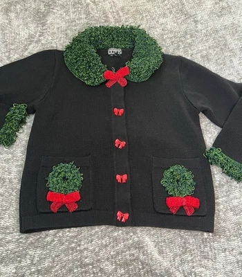 Berek Vintage Black Green 3D Wreath Bow Christmas Cardigan Sweater Sz S 90s Y2k - Image 1 of 4