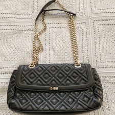 Biba Black Leather Embossed Geometric Design Chain Strap Shoulder Handbag