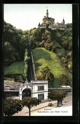 Luzern, Gütschbahn auf Fahrt zum Hotel Gütsch, Ansichtskarte 
