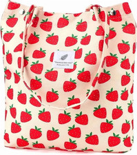 Corduroy Tote Bag Strawberry Canvas Shoulder Purse Women Inner Pocket