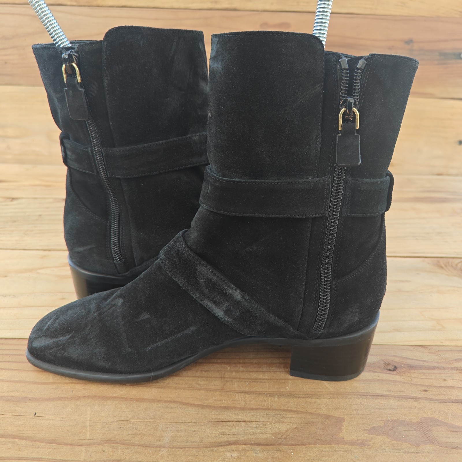 Stuart Weitzman Women's Black Suede Side Zip Block Heel Buckled Ankle Boots Sz 7