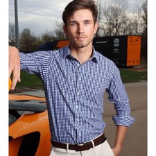 Collars  Co Mens Large Apex Performance Dress Shirt Navy Gingham Stretch NEW