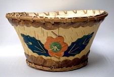 Antique Cree Indigenous Birch Bark Colorful Appliqu&eacute; & Stitched Large Basket