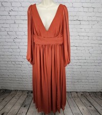 Azazie Orange Chiffon Long Sleeve Empire Waist Pleated Backless Maxi Dress A14