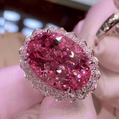 New 30*20mm Big Stone Oval Pink Topaz Gems Luxury Women Jewelry Silver Rings