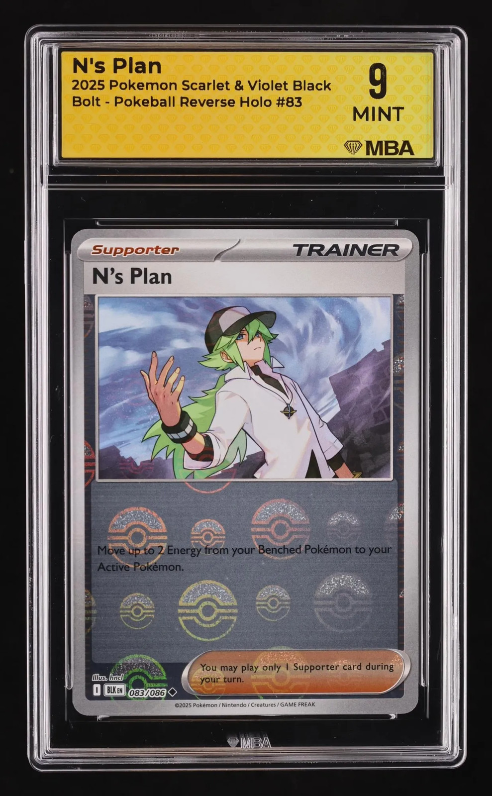 2025 Pokemon S&V Black Bolt N's Plan Pokeball Reverse Holo #83 MBA 9