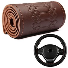 DEEYOTA Car Steering Wheel Cover Universal Fit Round Stitch Steering Coffee
