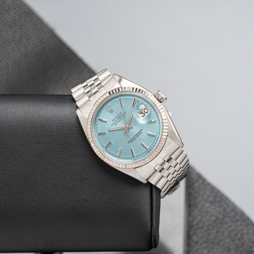 Rolex Datejust 1601 Silver Jubilee Bracelet with Silver Bezel Custom Blue Dial