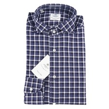 Luigi Borrelli Tailored-Fit Dark Blue Check Soft Cotton Dress Shirt 15.5 NWT