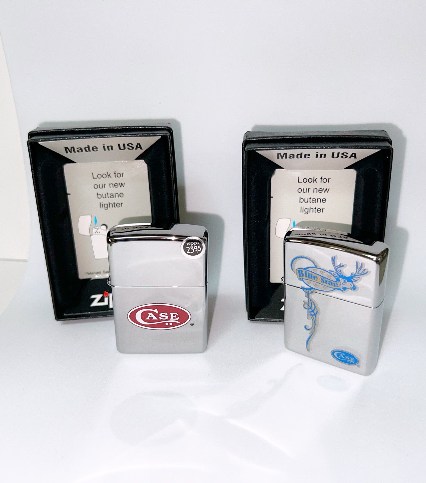 2 Rare Case Knife Logo '09 & Blue Stag 2011 ZIPPOS NIB Chrome Lighters