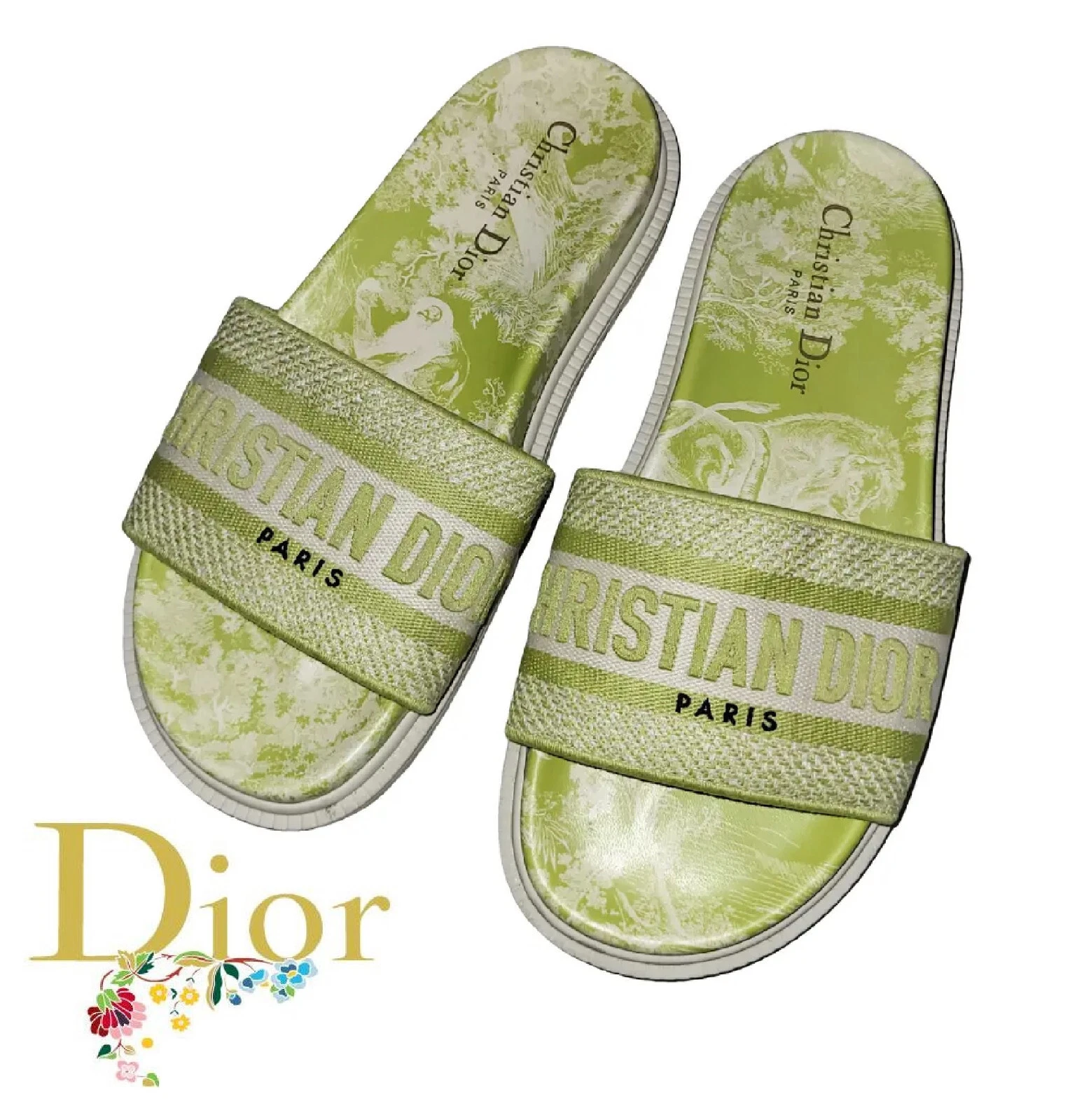 Christian DIOR ~ tongs vert citron iconique Dway ~ US : 7 ; EU : 37 * AUTHENTIQUE