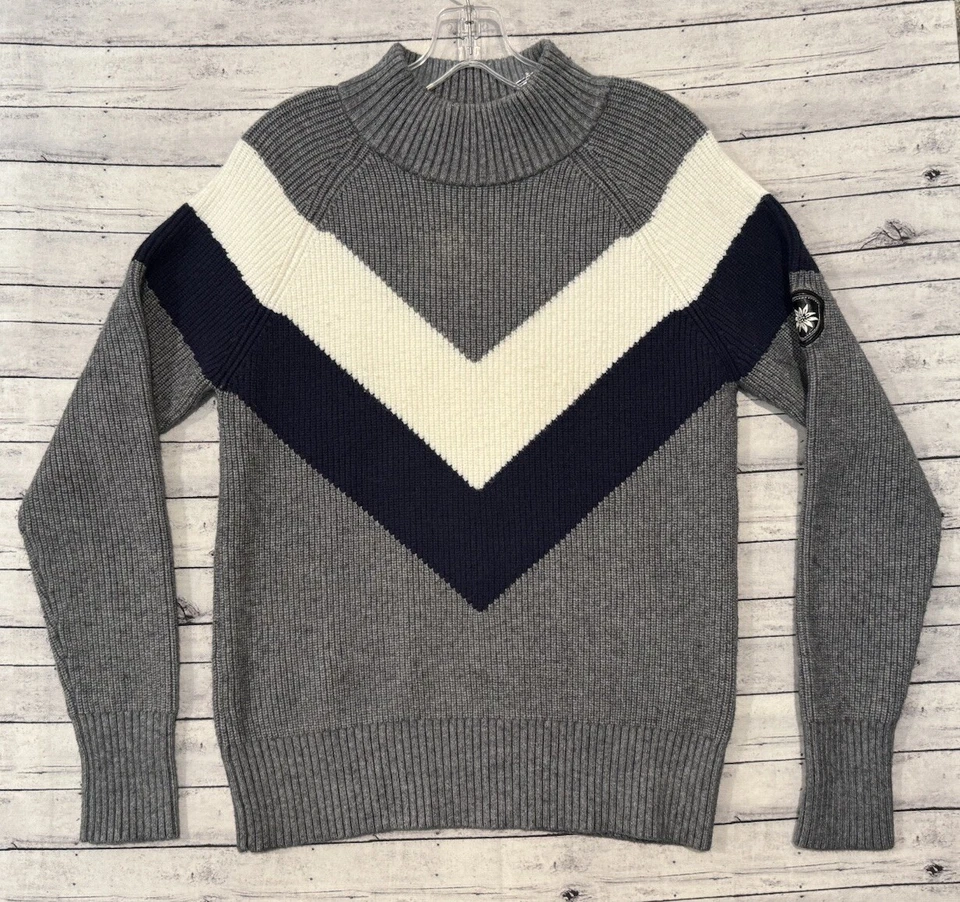 Suéter de punto grueso Alp N Rock para mujer talla M gris azul cuello redondo patrón Chevron V