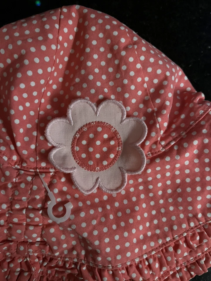 Gymboree Sun Hat Bucket Hat Coral White Polka Dot Flower Chin Strap 2T - 5T NWT - Image 2 of 4