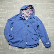 Joules Right As Rain Jacket Blue Hooded Raincoat Floral Lining Canvas Size 8