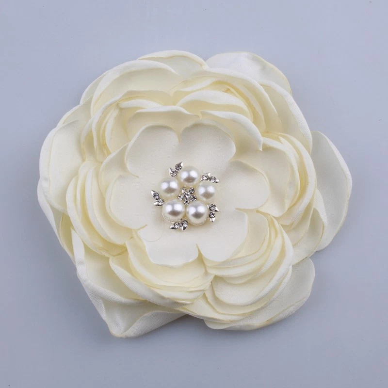 10PCS 9.2CM New Satin Fabric Burned Flowers With Rhinestone Pearl For Hair - Image 4 of 4