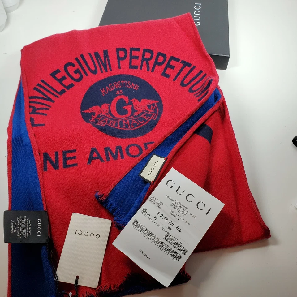 GUCCI Bufanda Roja Azul Estampada Lana Perpetuum Larga Auténtica Grande Nueva Foto 4 de 4