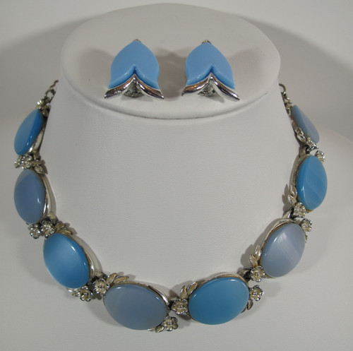 Set of VTG Necklace~Clip On Earrings Blue Thermoset Silver Tone Floral Art Deco