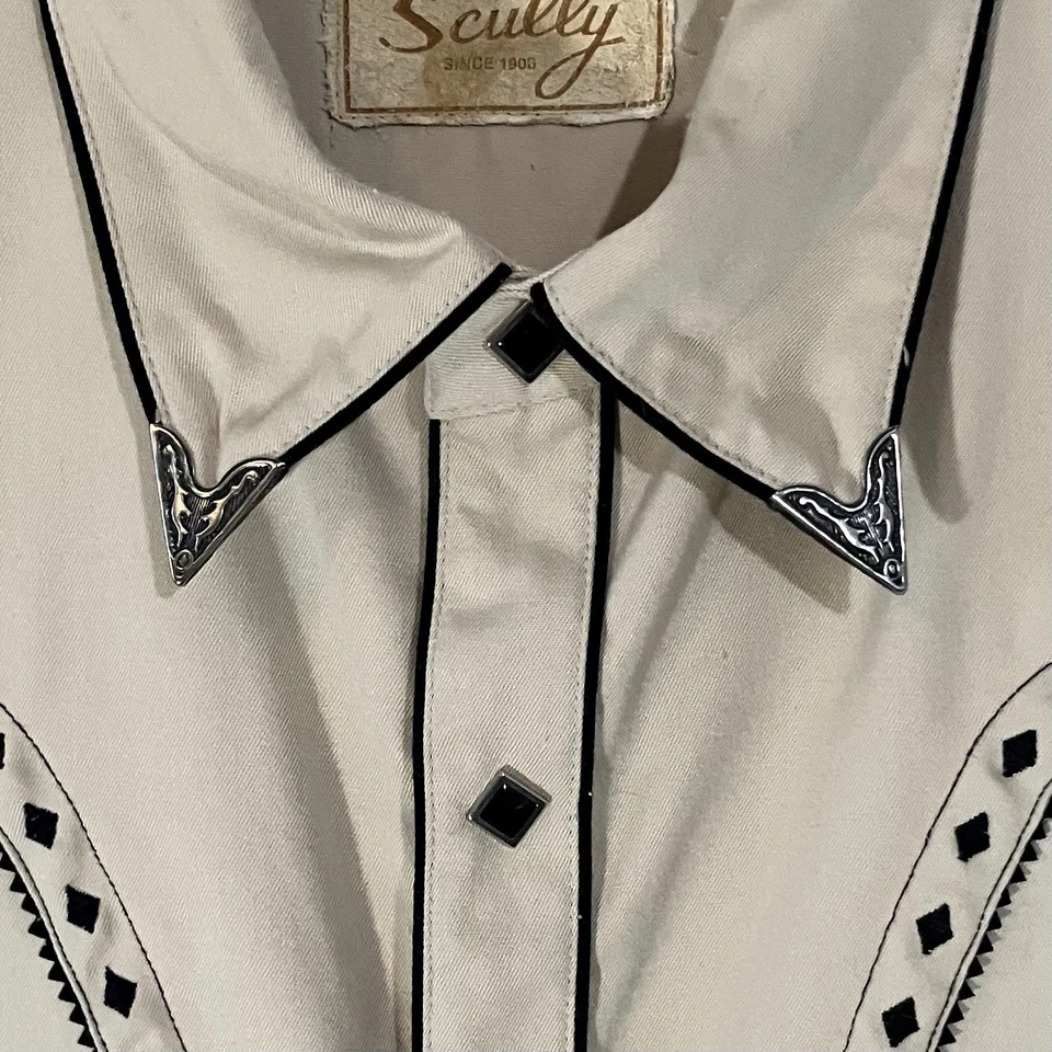 Camisa Western Hombre Scully Beige Con Bordado Diamante Negro Talla L Foto 4 de 4