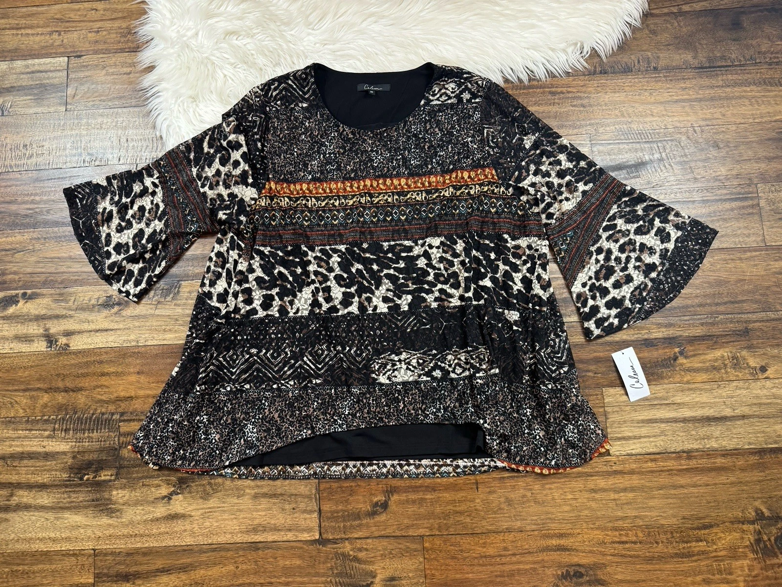 Calessa Plus Size 3X Animal Print 3/4 Lace Bell Sleeve Tunic NWT