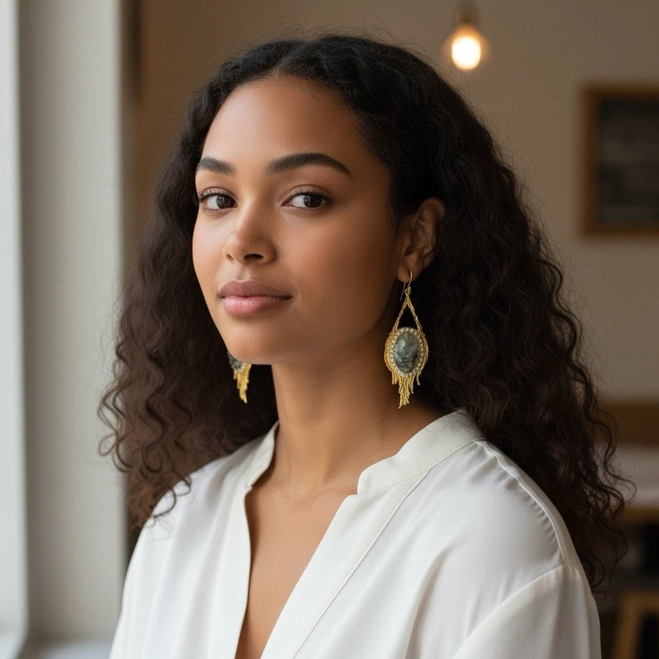 Brincos de penas vintage incompatível cabochão CZ Alexis Bittar ESTILO ouro art nouveau - Imagem 2 de 4