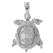 Rhodium Plated 925 Sterling Silver Moveable 3D Sea Turtle Pendant
