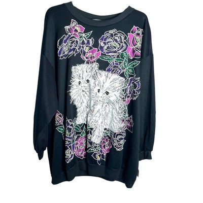 Vintage Saxon Cove Cat Sweatshirt Black Floral Glitter Kittens Pullover 3X