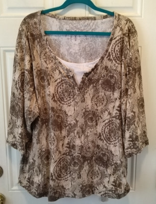 Gloria Vanderbilt Size 3X Beige/gold Split Neck 100% cotton stretchy Top mar432