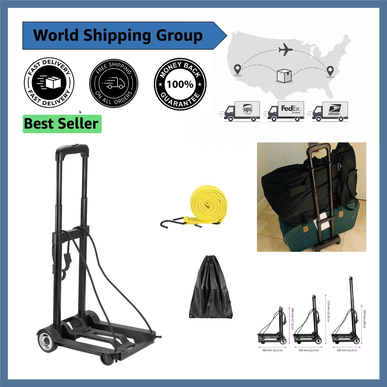 Heavy Duty Folding Cart with Extendable Handle - 55 lbs Capacity for Shopping